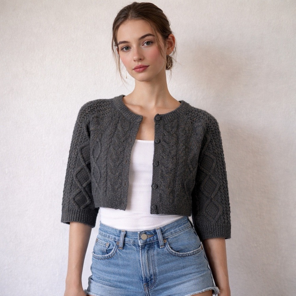 Anthropologie‎ FAR AWAY FROM CLOSE Cable Knit Cropped Cardigan Sweater Women's M